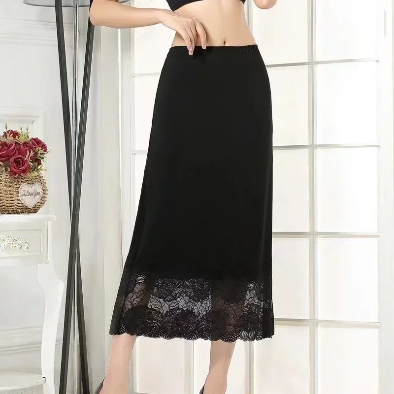 Ladies Elastic Waist Half Skirt Petticoat Short Dress Female Milk Silk White Lace Commuter Office Woman Anti-Empty