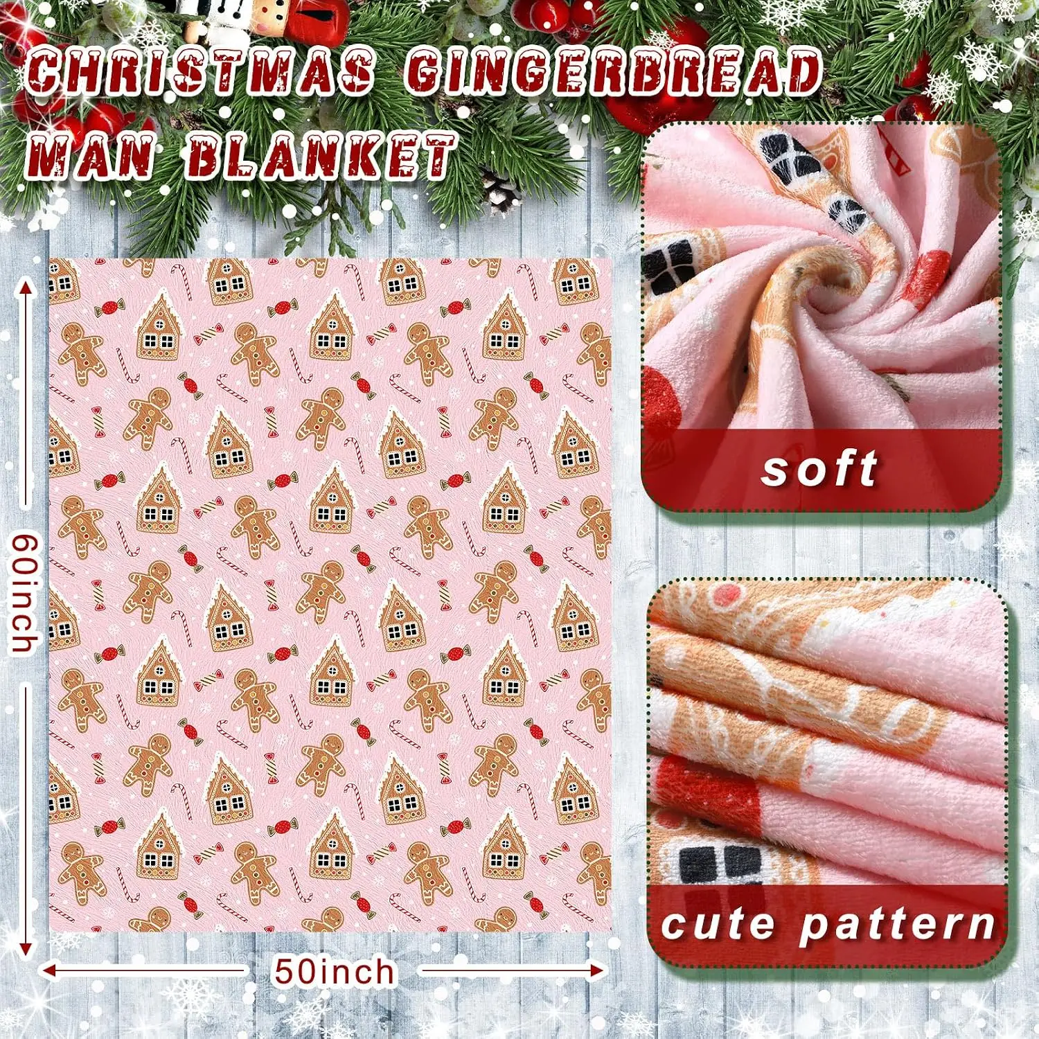 FuWeave 50 x 60 Inches Pink Gingerbread Christmas Throw Blanket
