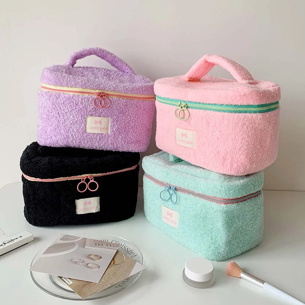 Candy Color Zipper Plush Storage Cosmetic Bags Cute Simple Portable Large Capacity Handbag Makeup Pouch Travel Organizer