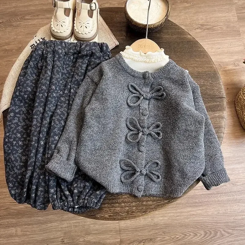 2024 New Spring and Autumn Forest Girls Velvet Foreign Three-Piece Set Baby Girl Floral Simple Loose Casual Pants Children Set