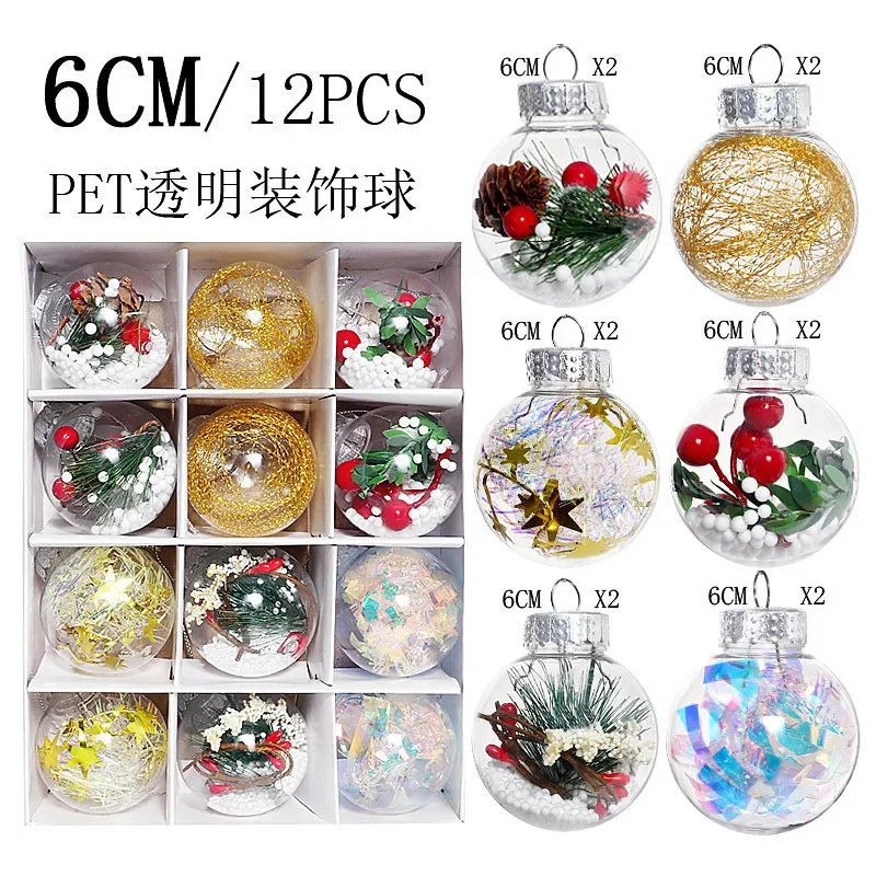 12pcs 6cm Christmas Ball Ornaments Transparent Plastic Hollow Christmas Tree Party Decoration New Year Christmas Spheres Pendant