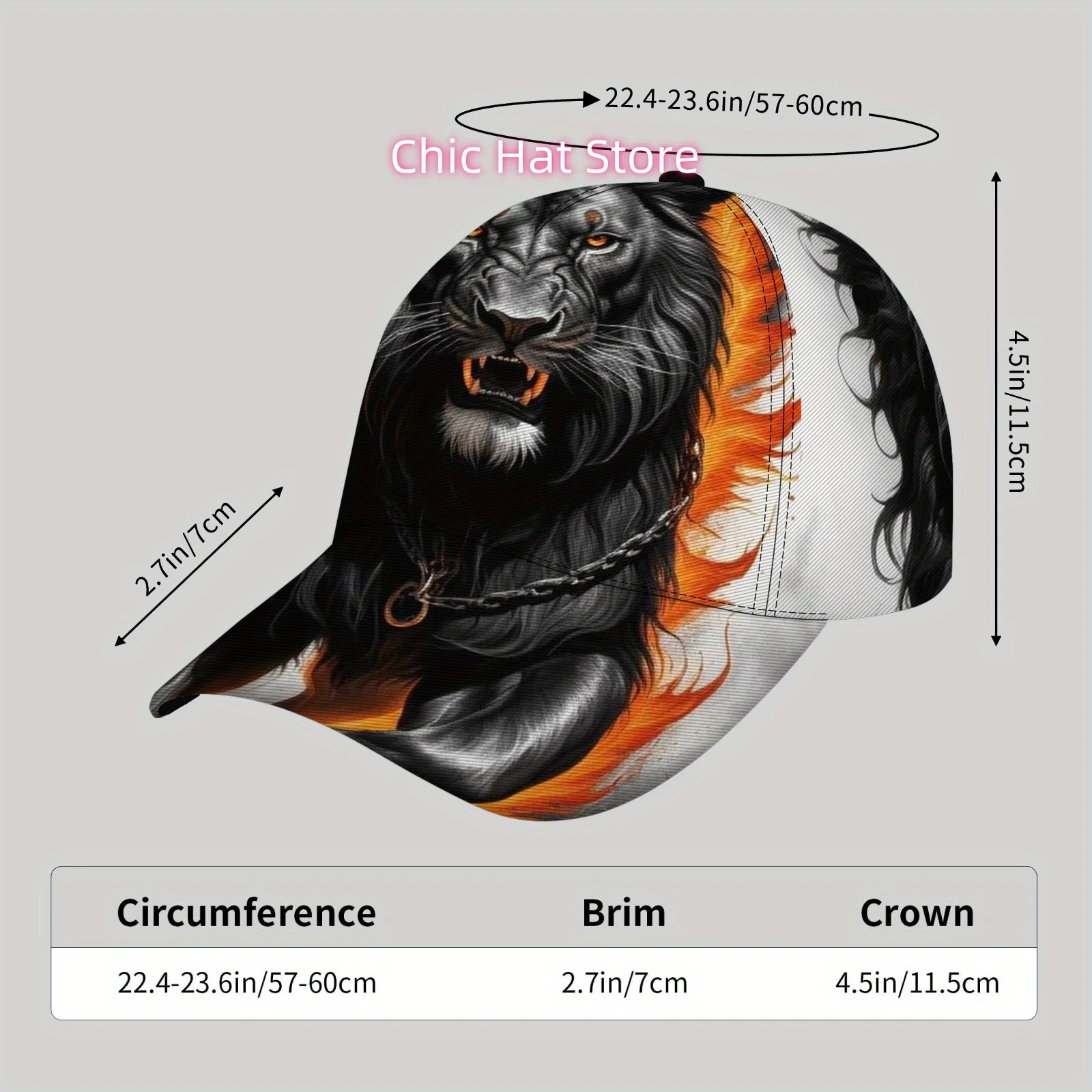 Fashionable and Lightweight Sun Hat, Cool Hip-hop Baseball Cap, Suitable for Beach,Black lion flame iron chain pattern