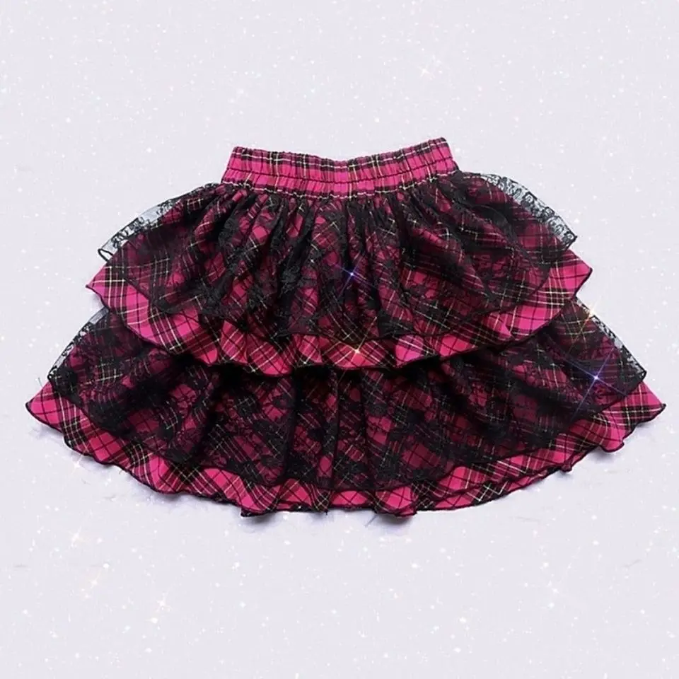 Harajuku Striped Print Y2K Kuchen Mini Rock Gothic Japanischen Stil Spitze Punk Ballkleid Kawaii Röcke Schule Casual Party Skater