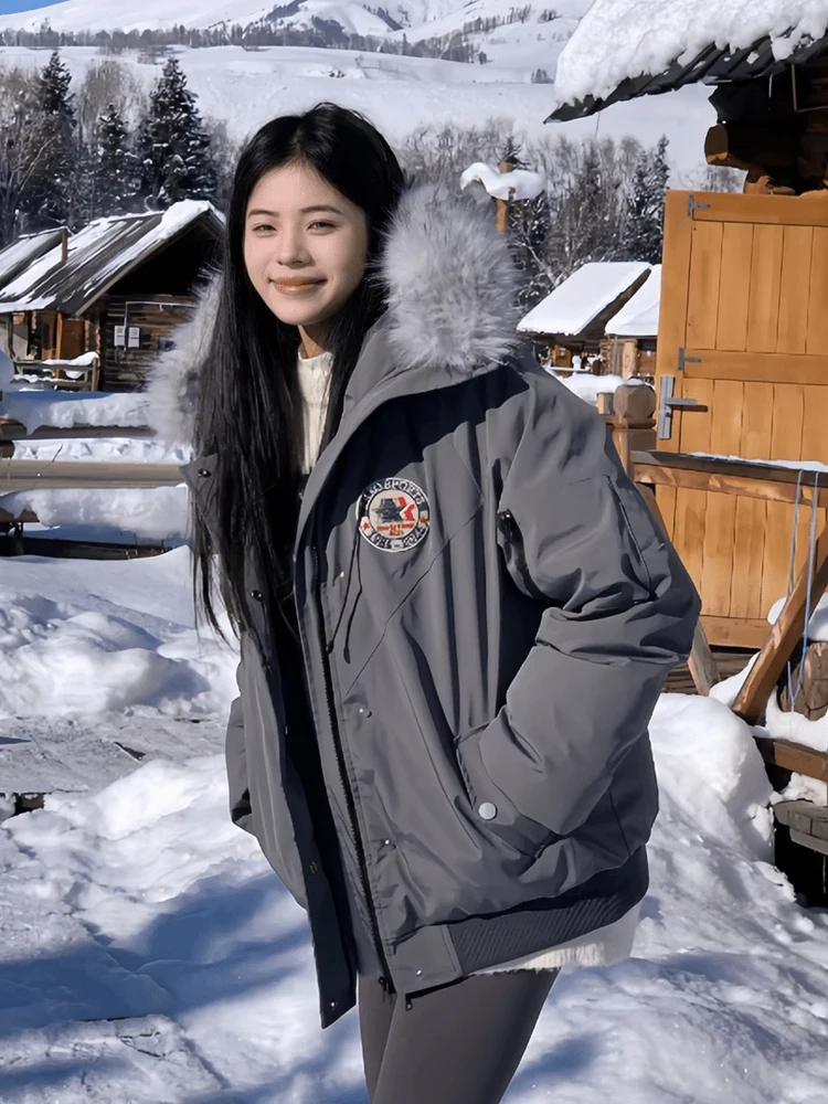 Retro American White Large Fur Collar Parka Cotton Jaet Men Winter Thi Warm Couple ort Workwear Cotton Coat