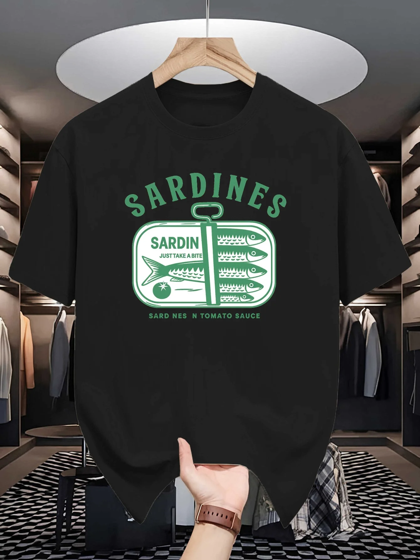 Sardines Tin Can Print Mens Crew Neck T Shirt Vintage Seafood Fish Graphic Short Sleeve Casual Cotton Trendy Street Tees