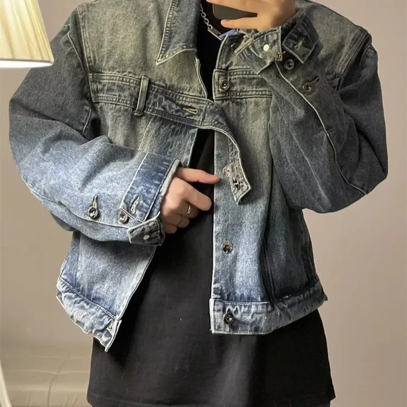 Mens Cropped Denim Jacket Korean Fashion Vintage Turn-down Collar Belt Design Single Breasted Male Denim Coat American Style