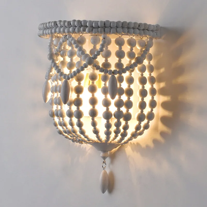 American Style Country White Wooden Beads Wall Lamp LED Living Room Bedroom Bedside Study Corridor