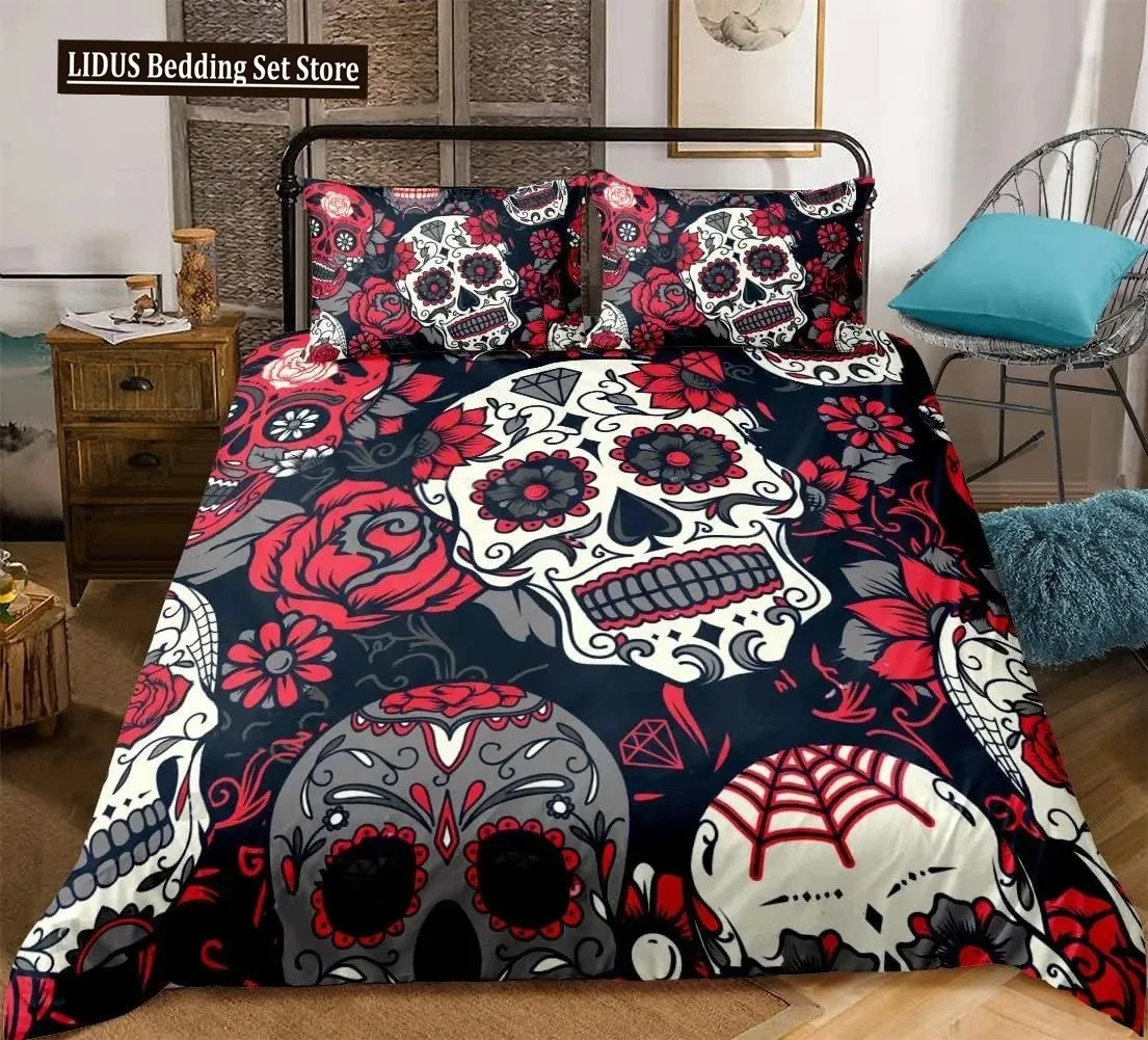 

Sugar Skull Bedding Comforter Cover Set Gothic Duvet Cover Twin Full Queen King Set 3 Pieces Soft Microfiber Duvet Cover