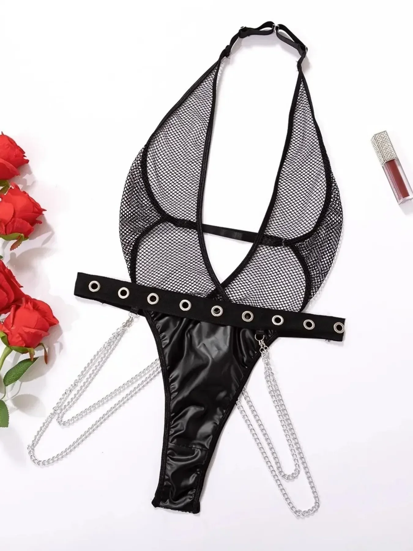 Black PU Leather Mesh See Through Skinny Bodysuit with Waist Chain Women Sexy Underwear Lingerie Romper Playsuit