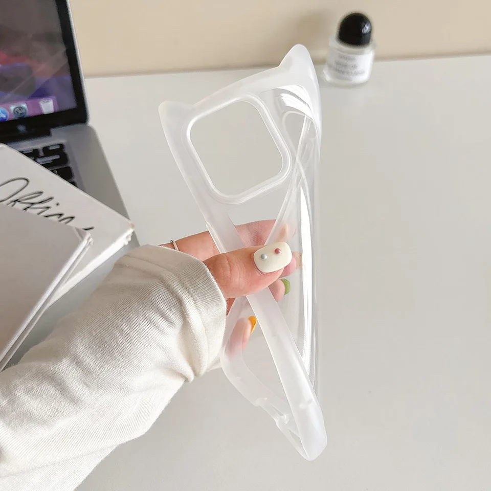 Funda transparente coreana linda con orejas de gato 3D para iPhone 11 12 13 14 15 16 Pro Max, silicona mate a prueba de golpes 4