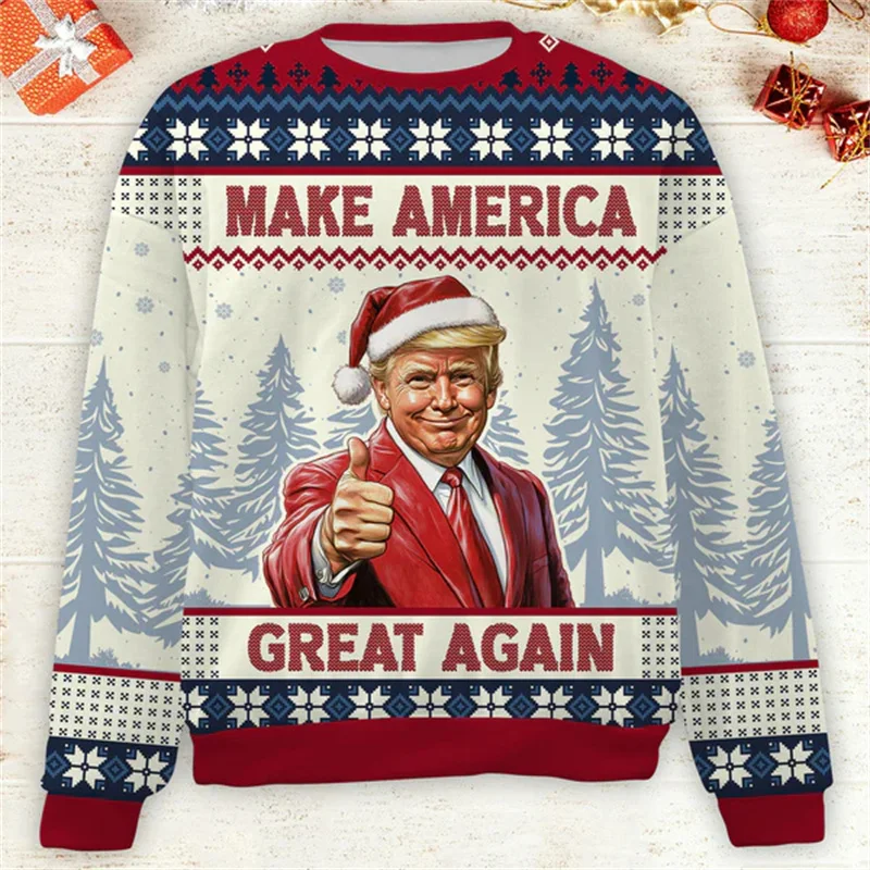 3D Printed Make America Great Again Hoodie For Men Trump Christmas Graphic Sweatshirts Loose Long Sleeves Hoodies O-Neck Tops