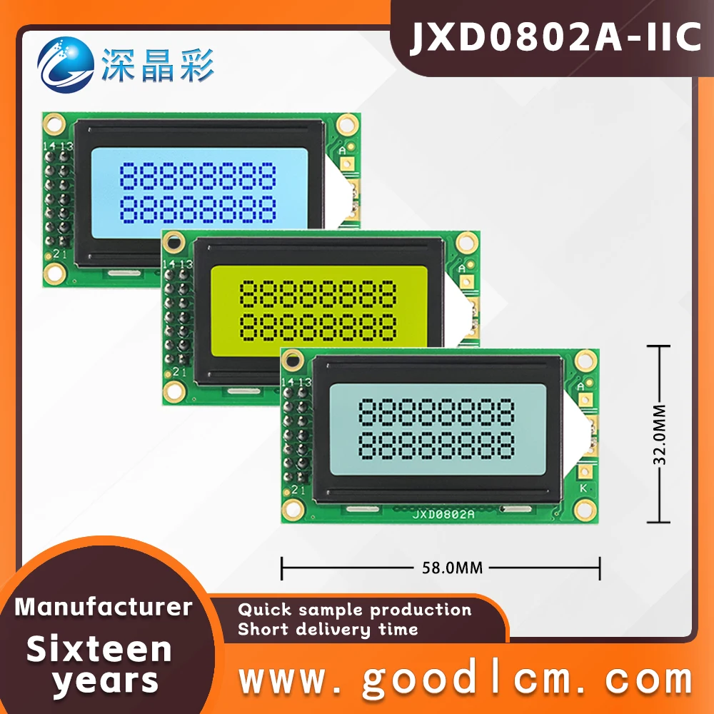 Iic/I2c Interface Beschikbaar In Meerdere Kleuren Lcd-Scherm Jxd0802a 8*2 Karakter Klein Formaat Scherm Backlight Module