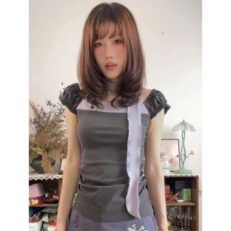 Japanese Retro Spicy Girl Polka Dot Bubble Short Sleeved T-shirt Summer Design Sense Vintage Y2k Harajuku Slim Fit Tops 민소매 티 여성