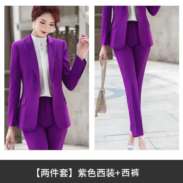 Suit Set Women Office Ladies Women\'s Pantsuit Purple Business Classic with Belt Blazer Straight Pants Two Piece Formal Suits