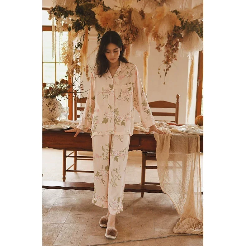 

Plus-Size Printed Collared Long-Sleeve & Full-Length Pant Pajama Set in Light Elegant Meixi Viscose Satin - Loungewear