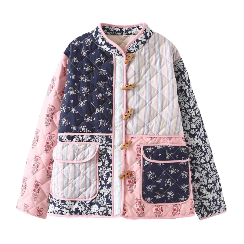 

Vintage Cotton-padded Clothes Jacket Winter Floral Printing Patchwork Casual Women Long Sleeves Lady Streetwear Warm Coat