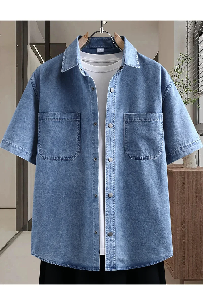 Immagine 7: Camicia in Denim Sottile da Uomo, Nuova Moda Estiva, Traspirante, in Misto Cotone, Manica Corta, Tinta Unita, per Uso Quotidiano e Streetwear