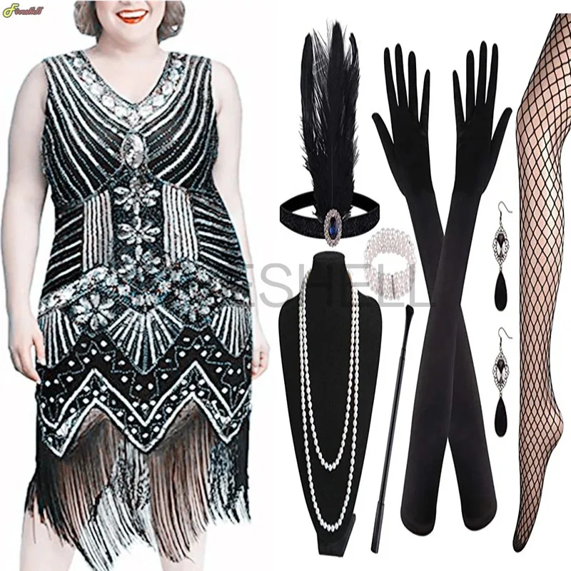 

zizi 2025 1920s Vestidos for Women V Neck Sequin Beaded Fringed Flapper Dress Retro Ladies Evening Party Gown with 20s Accessori