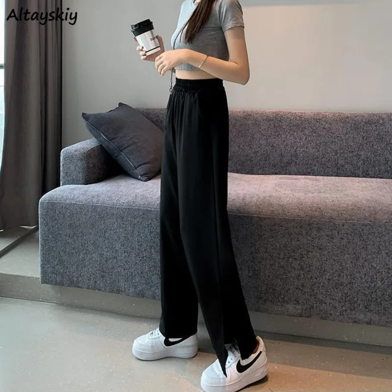 

Pants Women Side-slit Black Full-length Solid Simple Casual Minimalist Korean Style High Waist Straight Loose All-match Ins Chic