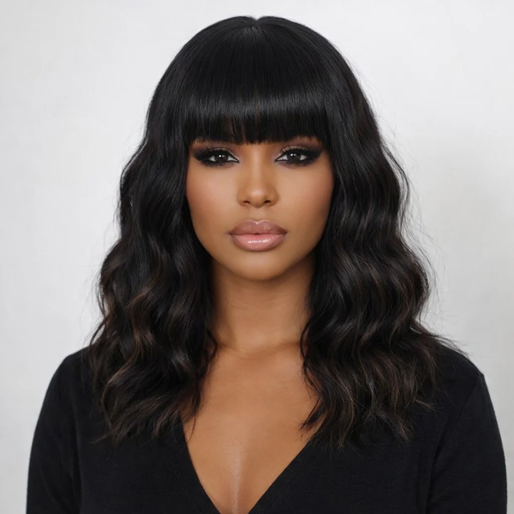 

Черные смешанные коричневые парики с челкой, 14 дюймов, короткие, для женщин - синтетические волнистые волосы с центральным пробором и улучшенными прядями, N