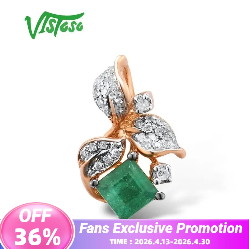 

VISTOSO Gold Pendants For Women Authentic 14K 585 Rose Gold Leaves Magic Emerald Sparkling Diamond Pendant Elegant Fine Jewelry