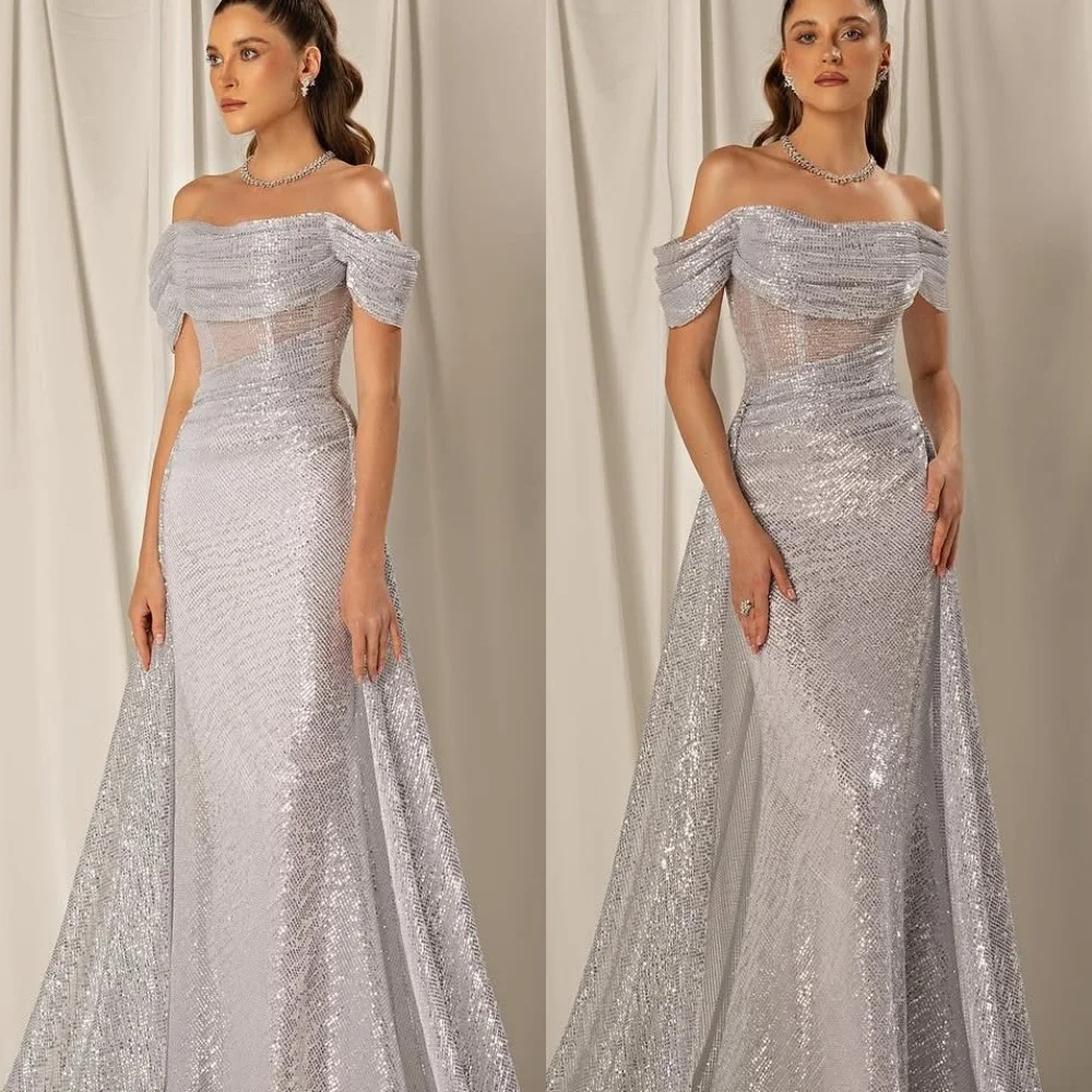 

Customized Luxury Off the Shoulder Sleeveless Evening Dress High Quality Satin Prom Dresses Temperament Bridal Party Gowns
