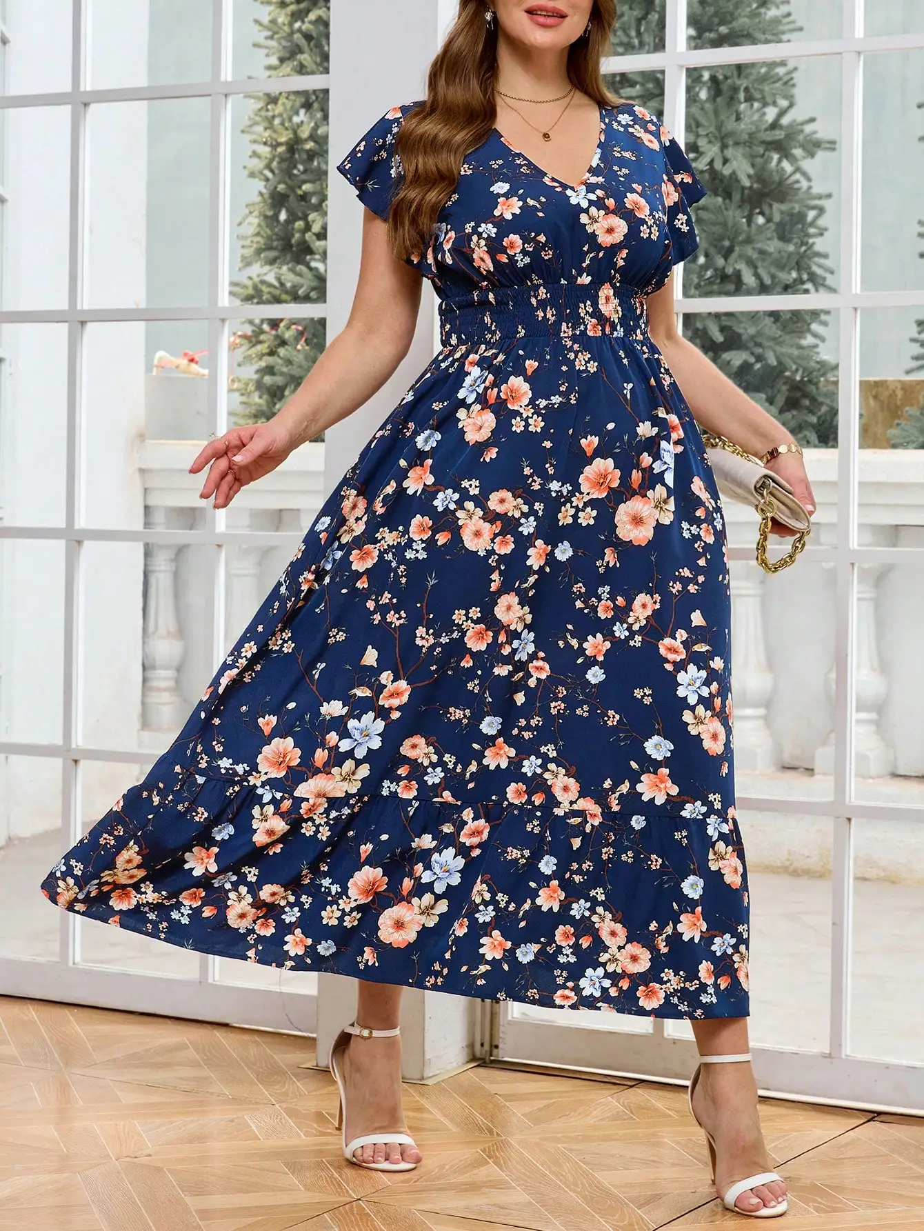 

Navy Blue Floral V-Neck Ruffle Hem Maxi Dress For Women