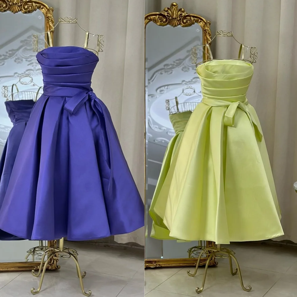 

Sparkle Satin Pleat Bow A-line Strapless Midi Dresses Evening Dresses Retro Sizes Available Modern Style Intricate Matching