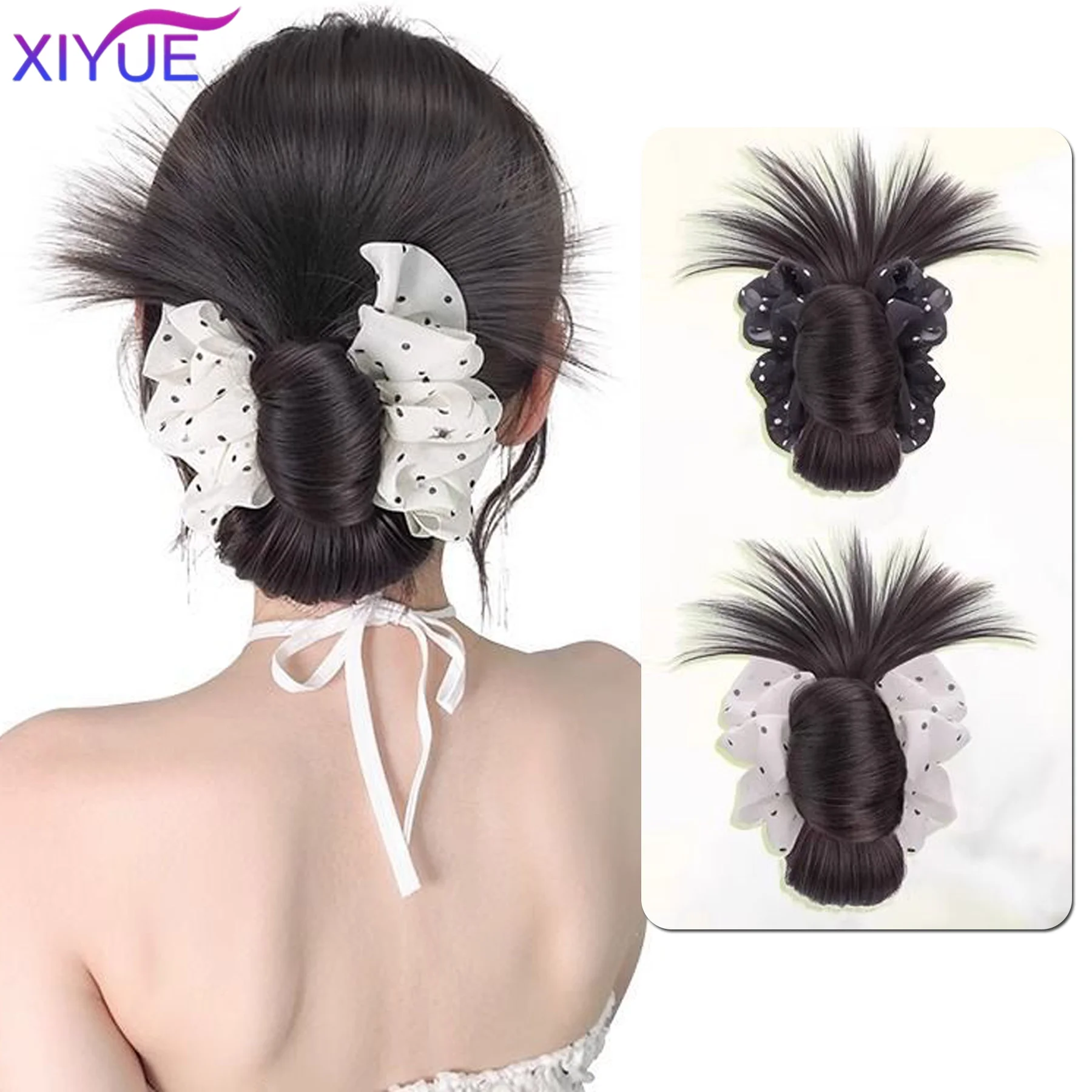 XIYUE Synthetic black and white flower chicken hair bun wig for women lazy grasping pinching hair bun fluffy low tie curly hair