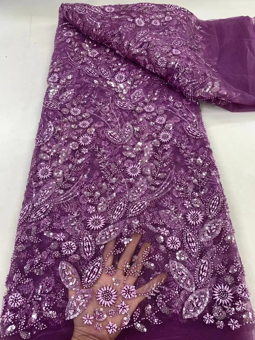 Afrikanischer Perlenstickerei-Färbespitzenstoff für Frauen, luxuriöser 5-Yard-Mode-Mesh-Perlenstoff mit Steinen, Spitze, Hochzeitskleid-Stoff