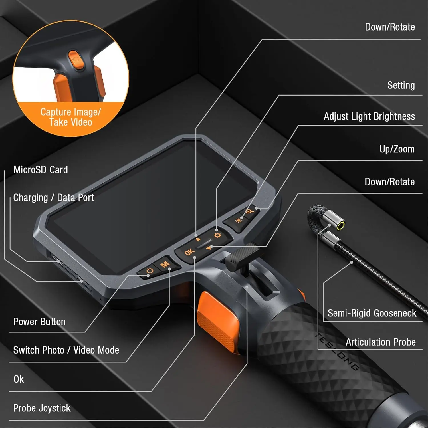 TESLONG TD450S 8.5MM Articulating Borescope 1080P 5 Inch IPS Two Way 360° Steering Endoscope Camera 1.55m Snake Tube