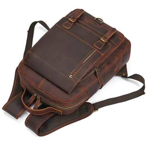 Imagen 2 del producto Mochila de cuero Crazy Horse para hombre, bolso de cuero genuino para ordenador portátil, mochila de viaje para hombre, bolso de piel de vaca gruesa