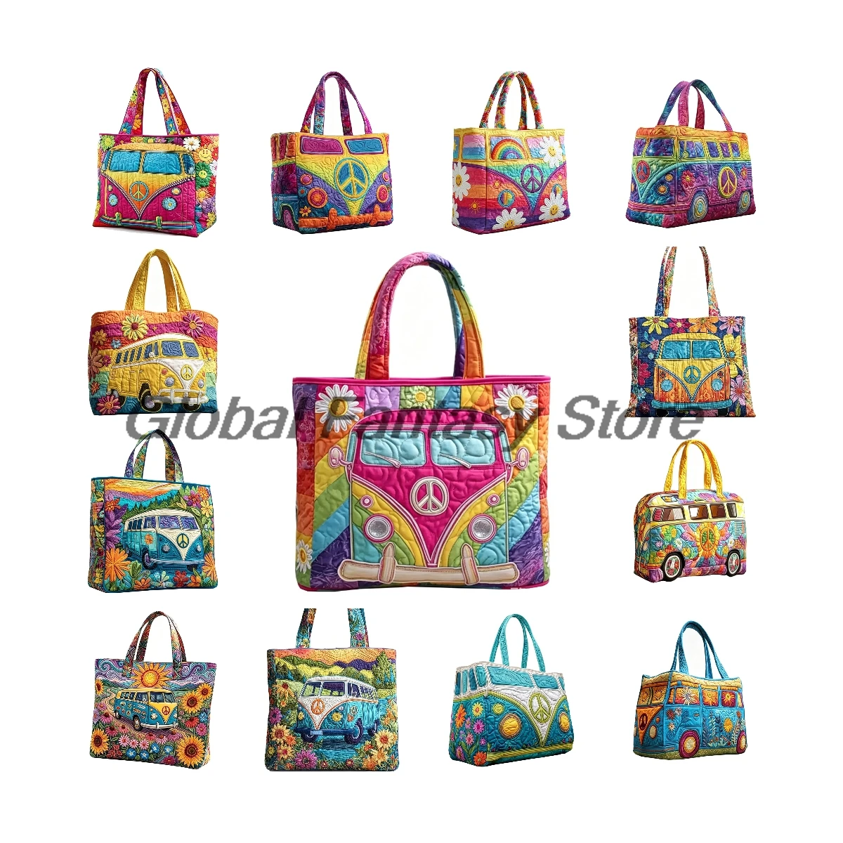 

Hippie Bus Quilted Tote Colorful Peace Sign Floral Print Travel Tote Casual HandBag Men Women Daily Shopping Bags