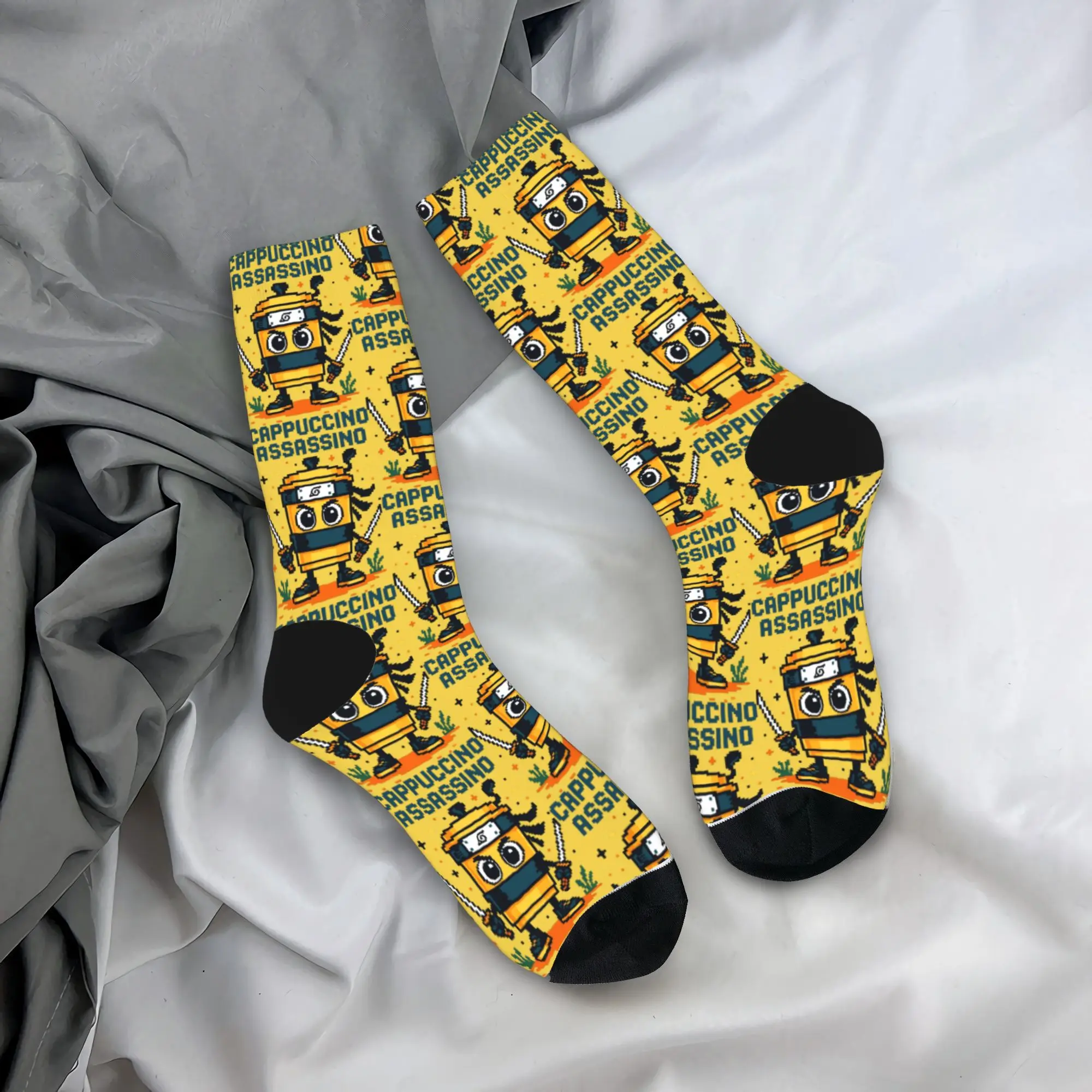

Cappuccino Assassino Italian Brainrot Memes Pixel Socks Vintage Stockings Winter Anti-Slip Unisex Men Socks Running Sports Sock