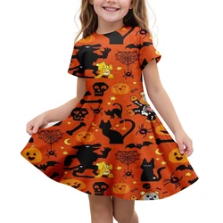 Europa e America Party Children Dresses Girls da 9 a 10 anni manica corta girocollo ragazza 12 14 arancione Halloween Cute Cat Dress