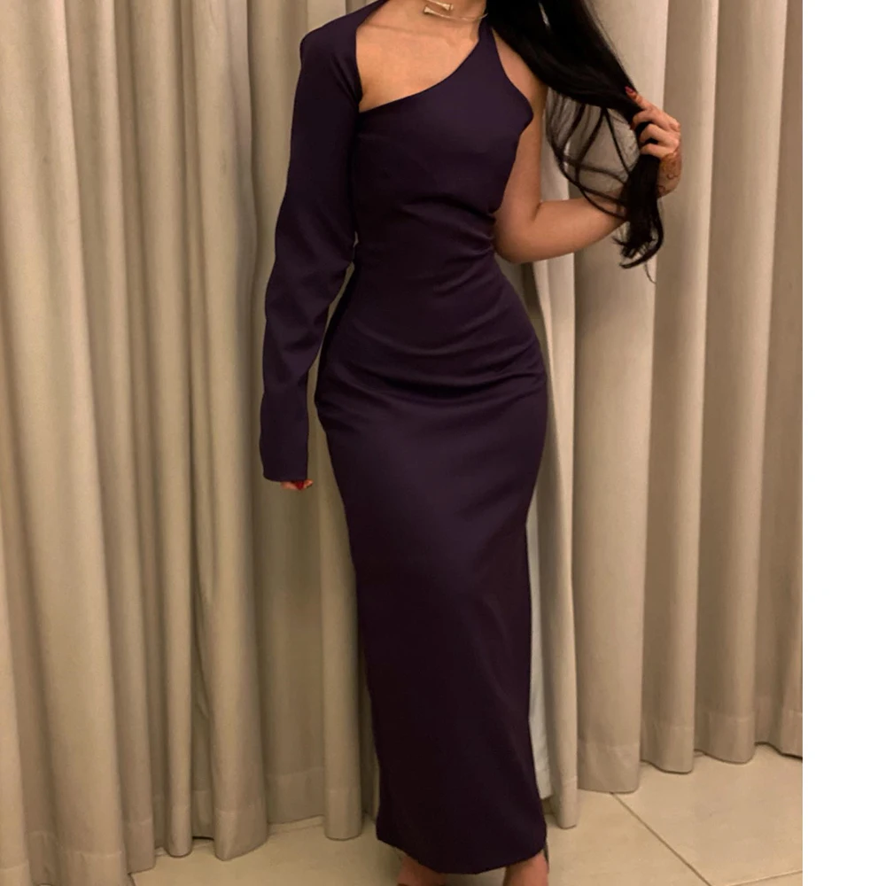 

Customized Jersey Straight One Shoulder Evening Dress Long Sleeves Floor Length Temperament Solid Color Vestidos para mujer