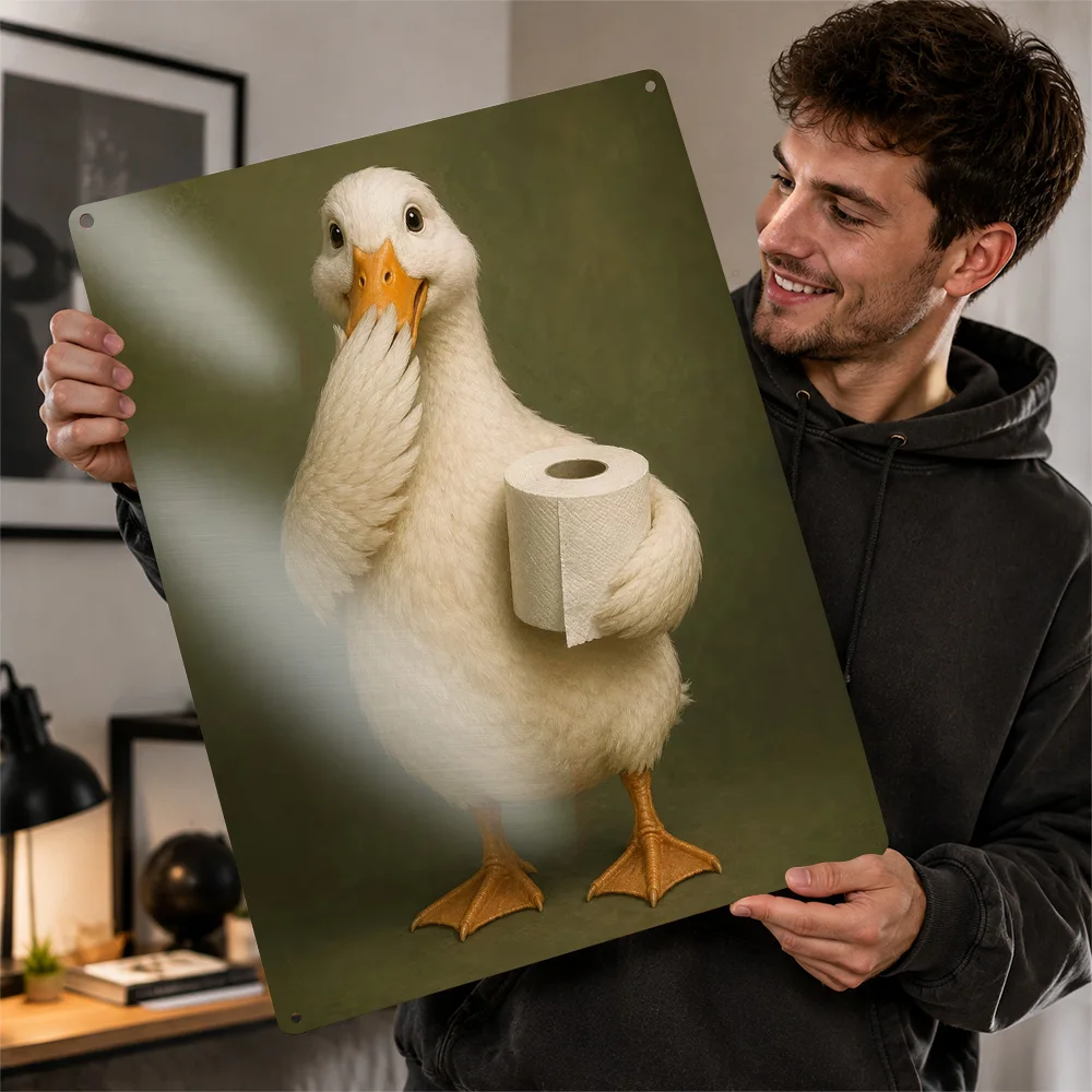 Funny Duck Holding Toilet Paper 3D Texture Metal Poster Customized Wall Art Tin Sign Gift for Mancave Vintage Decoration Gaming