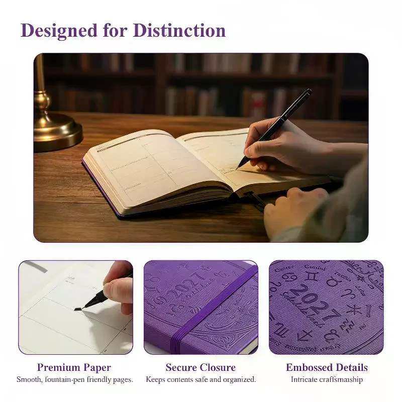 2027 Embossed Planner Notebook with Elastic Strap & Pen Loop–Daily Schedule Agenda Book for Office, School & Business