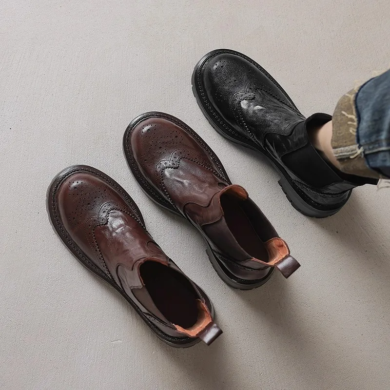 

Women's ort Chelsea Boots Autumn Winter New Sle Thi Bot Boots Floral Carving Genuine Leather Easy Wear Slimming