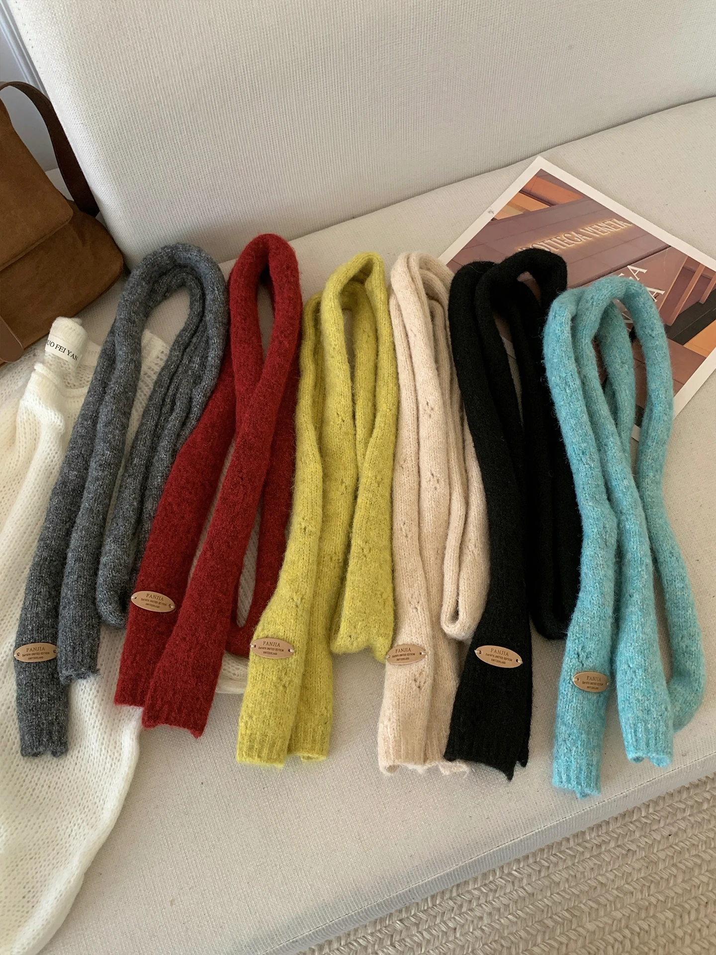 Korean Style Long Narrow Knitted Scarf Women's Fashionable Design Versatile Warm Neck Protection Scarf Pure Color Rectangle