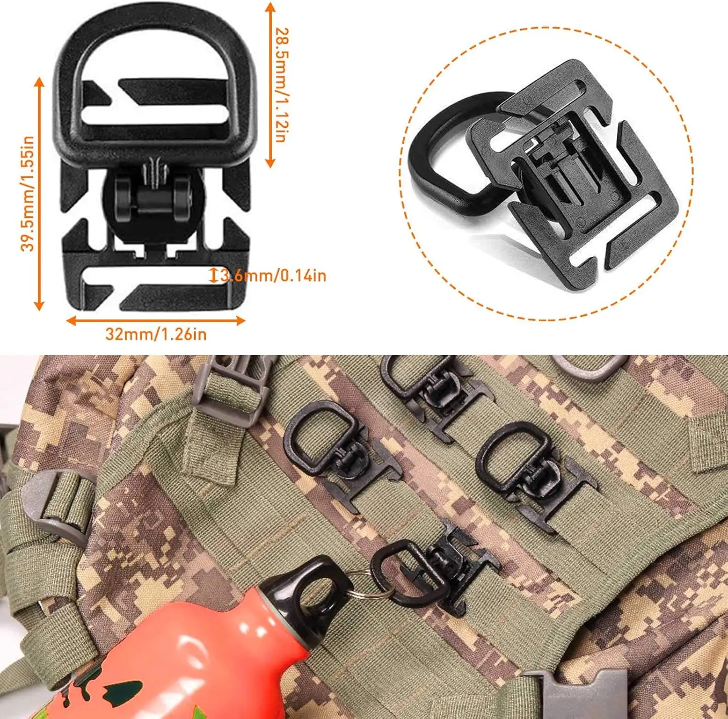 Molle Accessories Kit of 32 Attachments D-Ring Grimloc Gear Clip Tactical Backpack Web Dominator Elastic Strap for 1“ Webbing