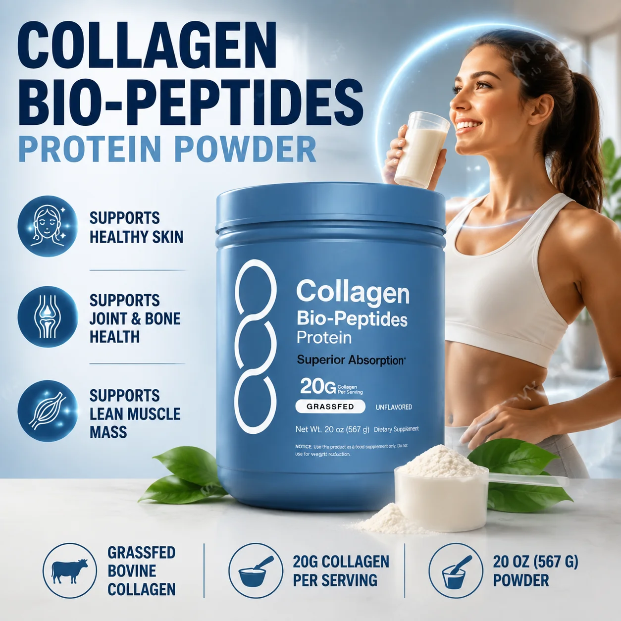 Collagen Bio-Peptides Protein Powder with Grassfed Bovine for Skin, Hair, Nail, Joint, Bone & Muscle Support, Adults, 567 Grams