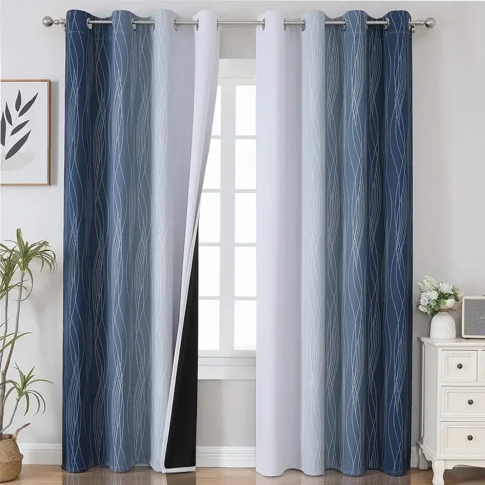 Navy Blue off-white Blackout Striped Curtains Bedroom Room Darkening Ring Curtains for Living Room, Insulated Gradient Curtains