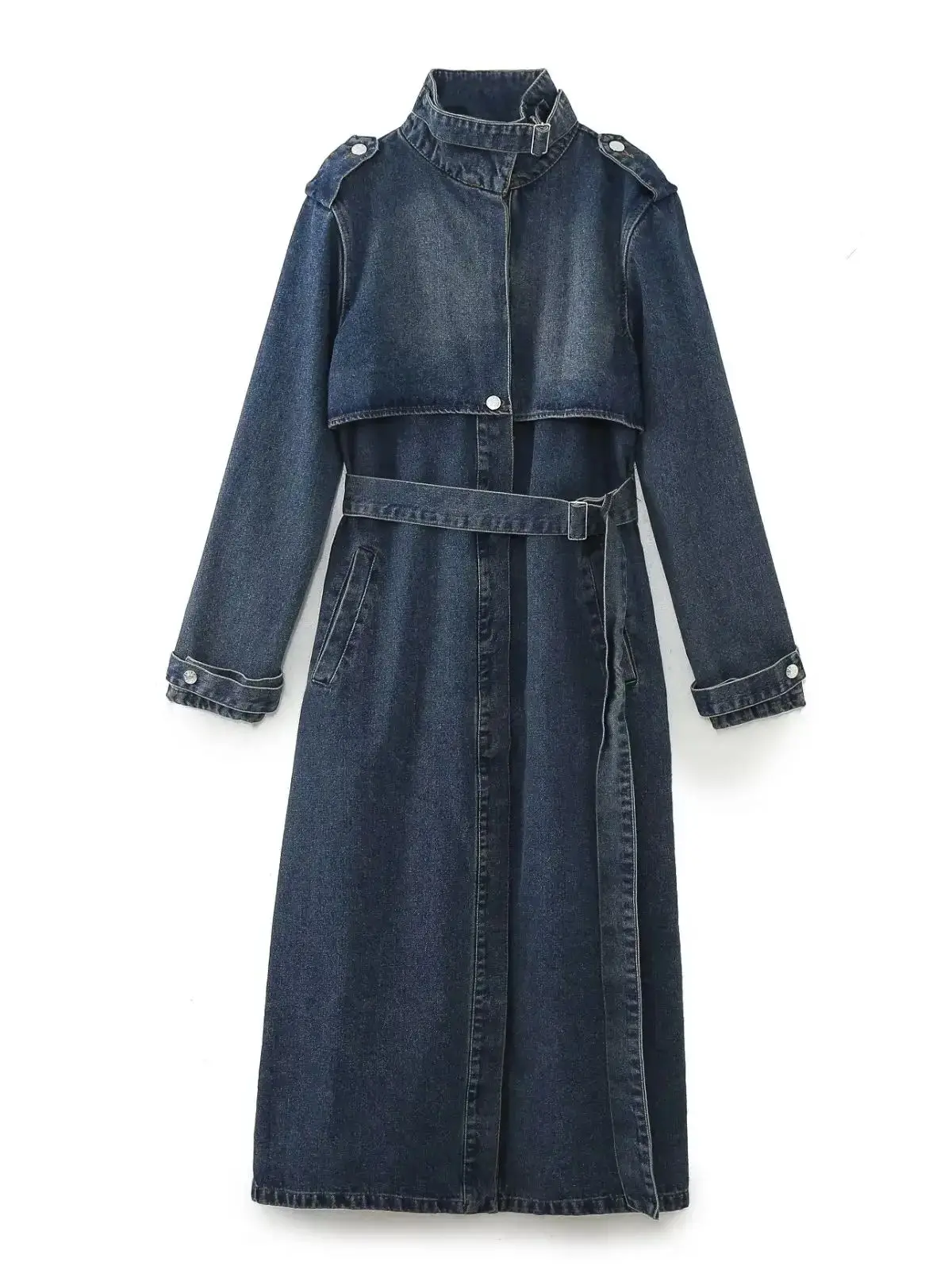 Fashion Women Denim Trench Coat Stand Collar Lace up Long Coat Autumn Chic Lady Jean Windbreaker Outerwear