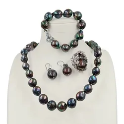 big good quality black baroque jewelry set ,100% FRESHWATER Baroque PEARL- necklace  and BRACELET,ring and earring ,11-14mm