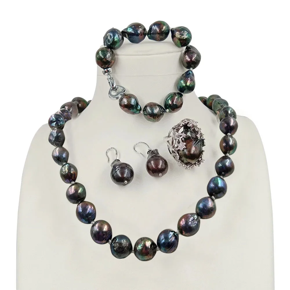 big good quality black baroque jewelry set ,100% FRESHWATER Baroque PEARL- necklace  and BRACELET,ring and earring ,11-14mm