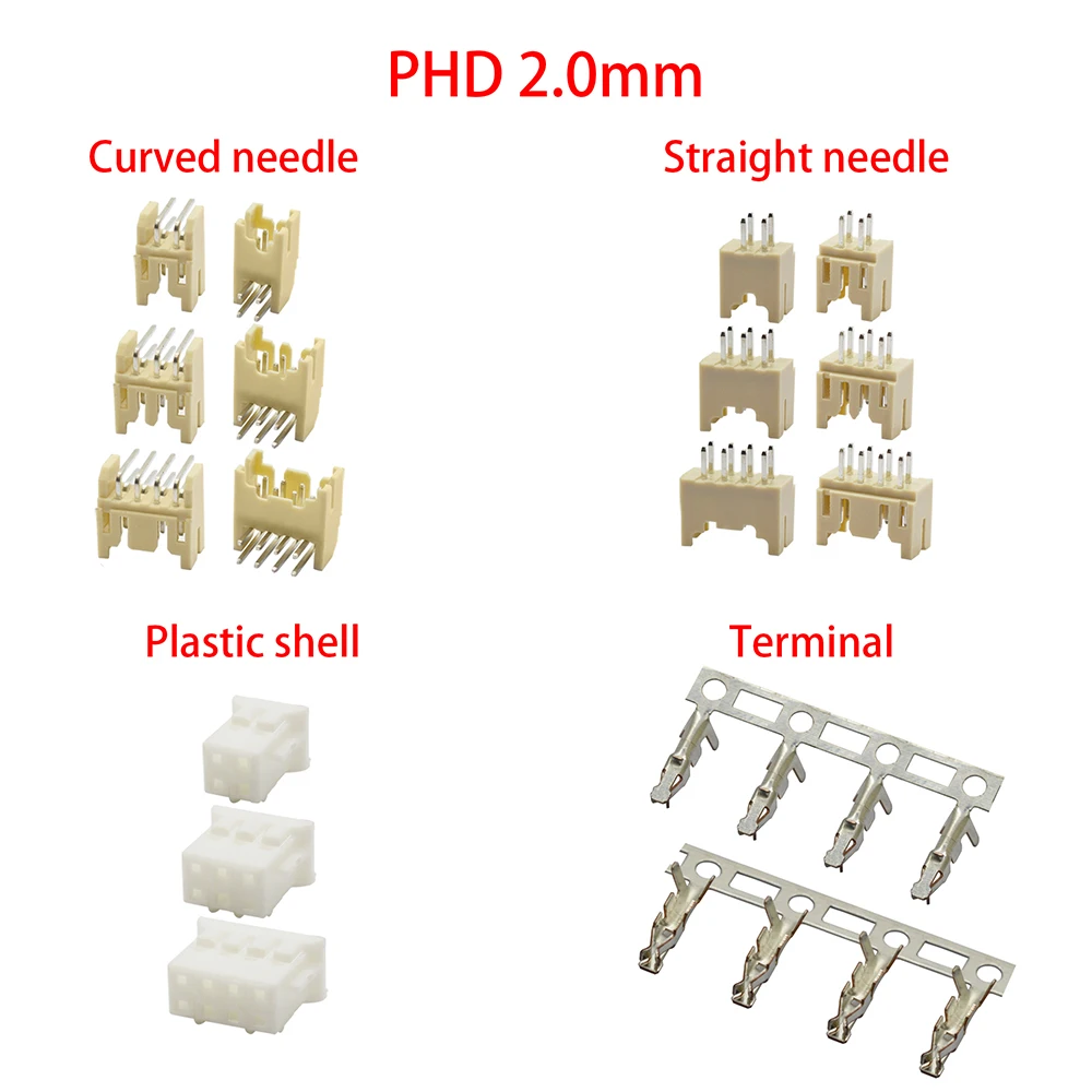 

50pcs/lot PHD2.0mm connector PHD 2.0mm 2P 3P 4P 5P 6P 7P 8P 9P 10P 11P 12P 13P 14P 15P 20P double row connector straight needle