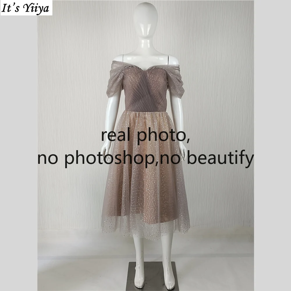 It's Yiiya Customized Real Photo Evening Dress Khaki Sequins Off the Shoulder A-line Tea-length Plus size Lady Party Formal Gown