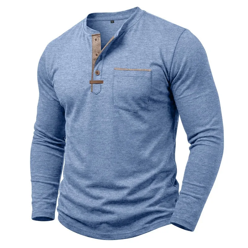 Spring Autumn Henry Collar Patchwork Long Sleeve Polo Shirts Men Fashion Business Casual Pull On Tees Tops Male Vintage Polos