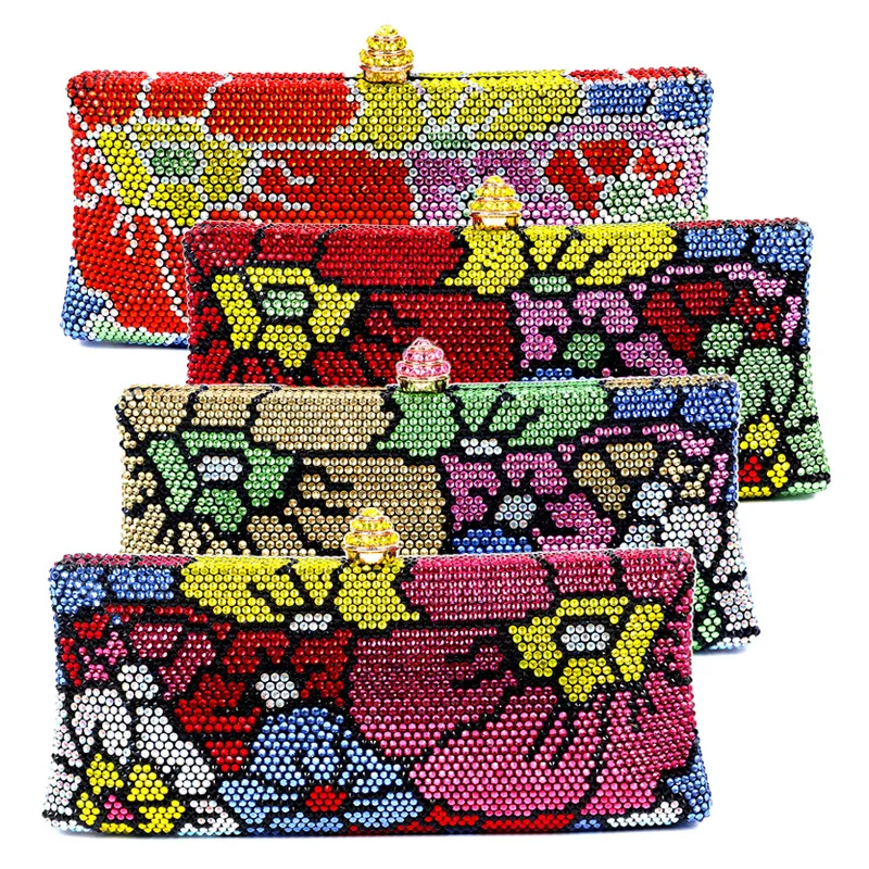 

Colorful Diamond Evening Bags Flower Wedding Purses Luxury Crystal Women Party Dinner Clutches Lady Long Chain Shoulder Handbag